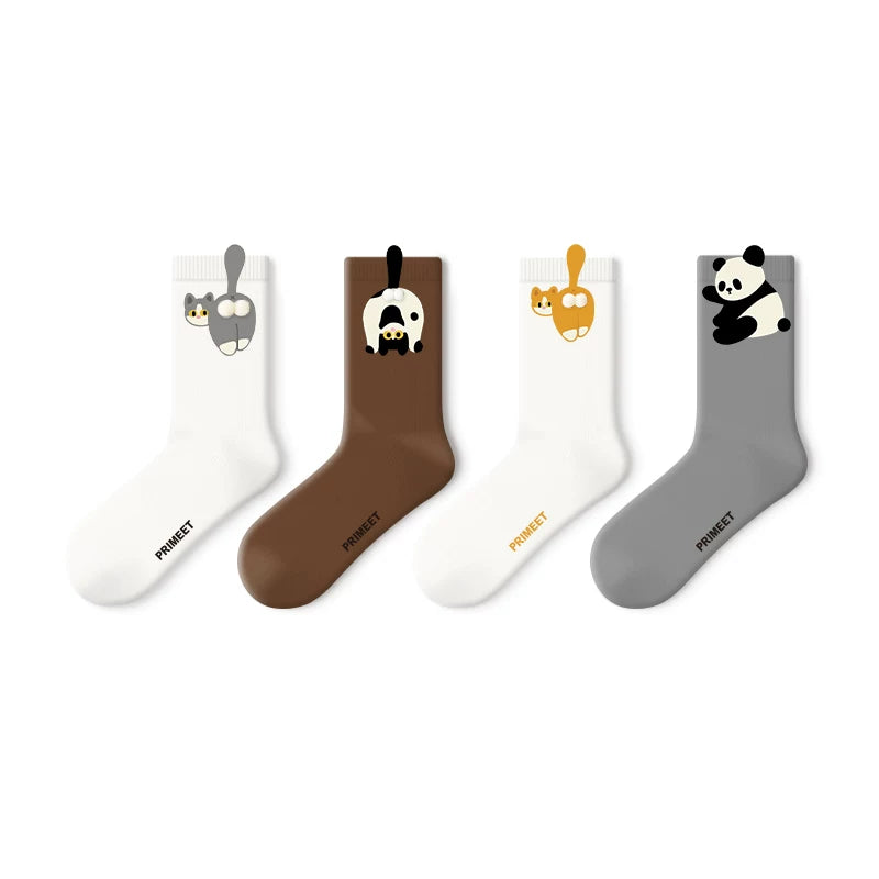 Japanese Quirky 3D Pompom Cat Cotton Crew Socks (Set of 4)