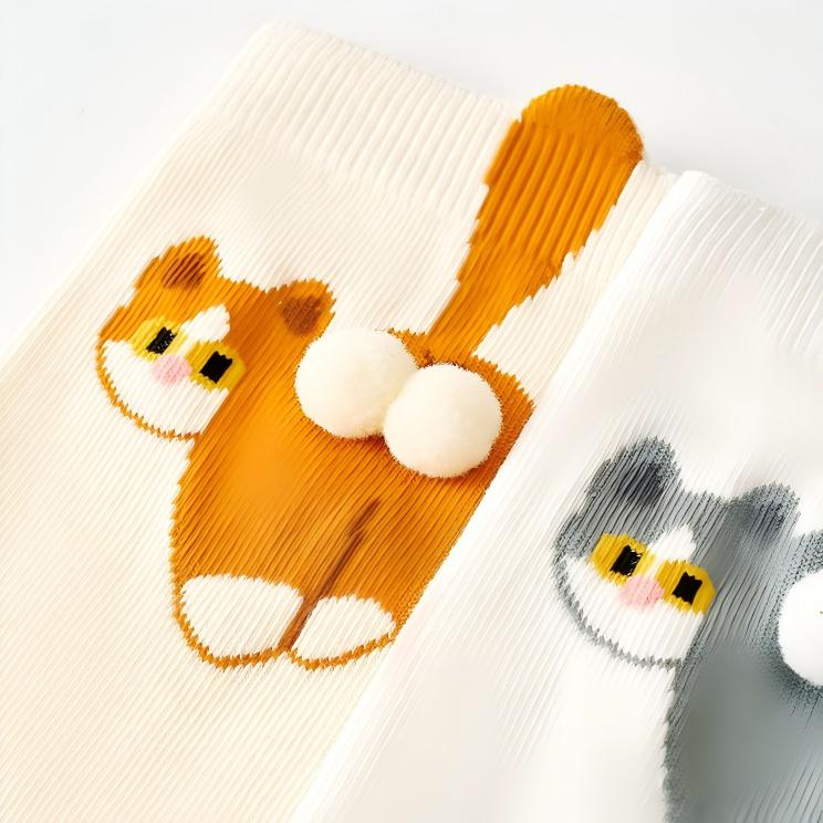 Japanese Quirky 3D Pompom Cat Cotton Crew Socks (Set of 4)