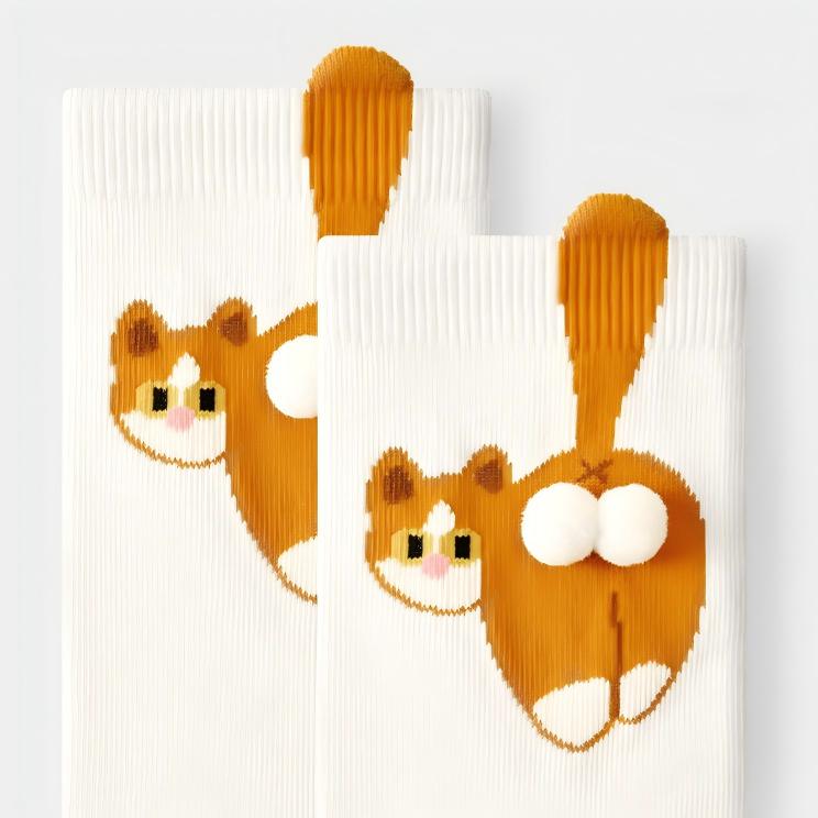 Japanese Quirky 3D Pompom Cat Cotton Crew Socks (Set of 4)