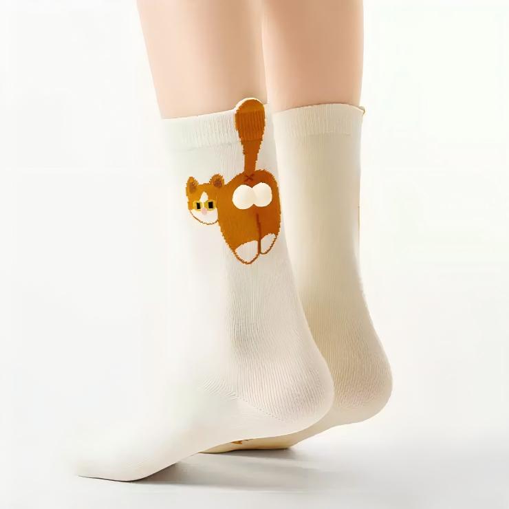 Japanese Quirky 3D Pompom Cat Cotton Crew Socks (Set of 4)