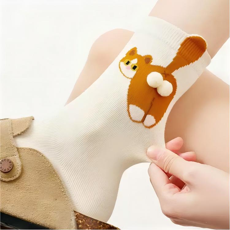 Japanese Quirky 3D Pompom Cat Cotton Crew Socks (Set of 4)