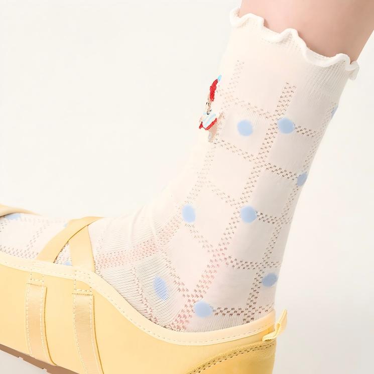 Lettuce Trim Pointelle Mesh Dog Embroidery Crew Socks