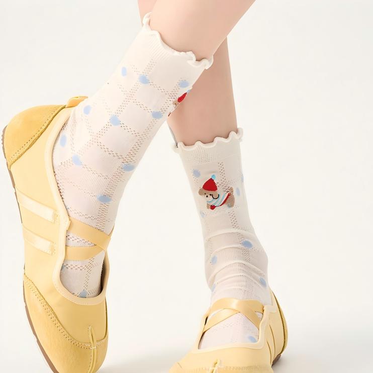 Lettuce Trim Pointelle Mesh Dog Embroidery Crew Socks