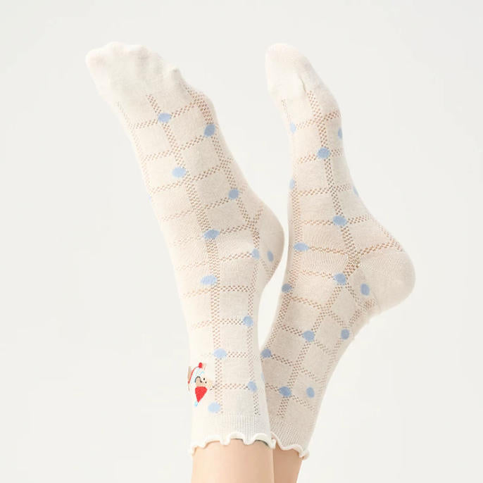 Lettuce Trim Pointelle Mesh Dog Embroidery Crew Socks