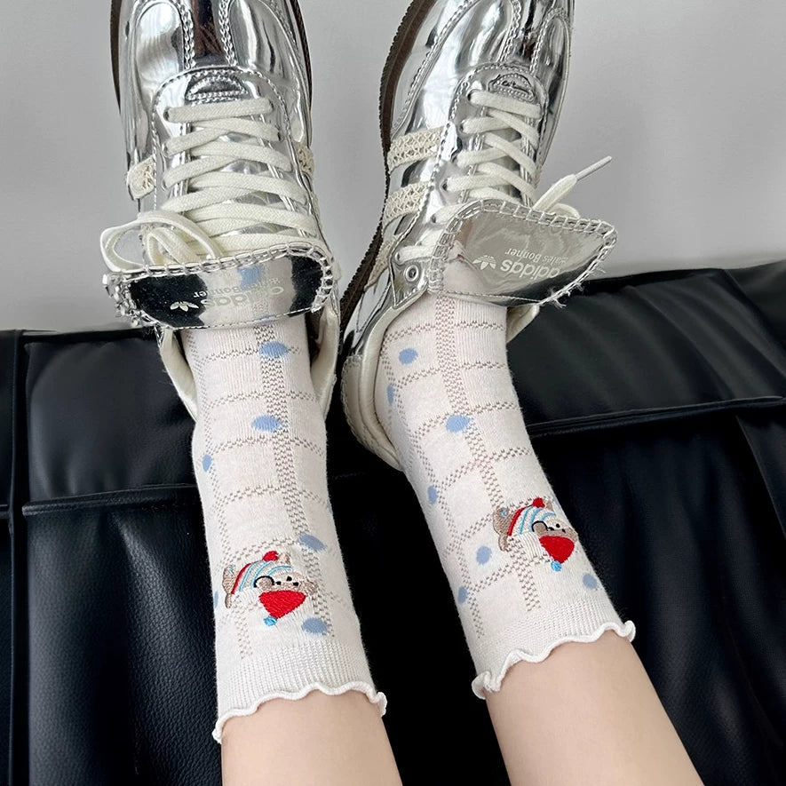 Lettuce Trim Pointelle Mesh Dog Embroidery Crew Socks