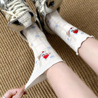 Lettuce Trim Pointelle Mesh Dog Embroidery Crew Socks
