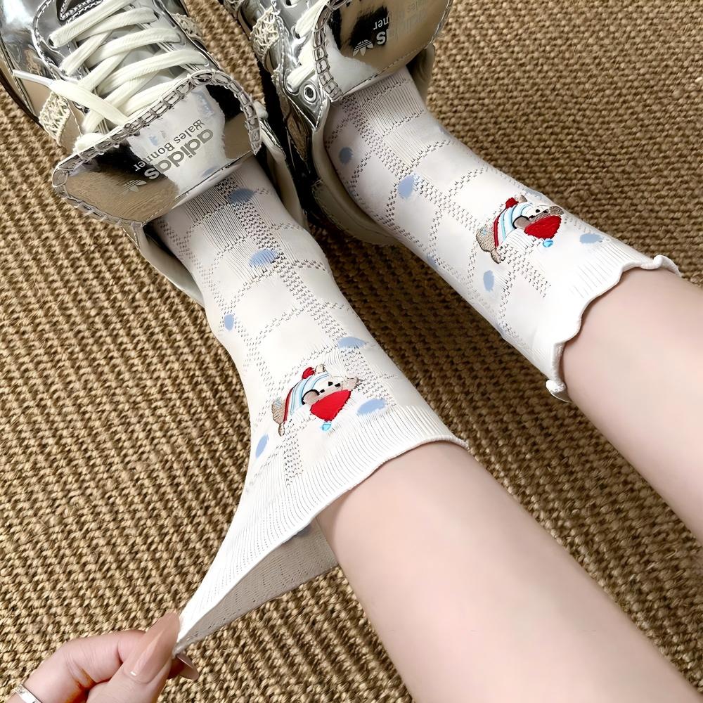 Lettuce Trim Pointelle Mesh Dog Embroidery Crew Socks