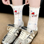 Lettuce Trim Pointelle Mesh Dog Embroidery Crew Socks