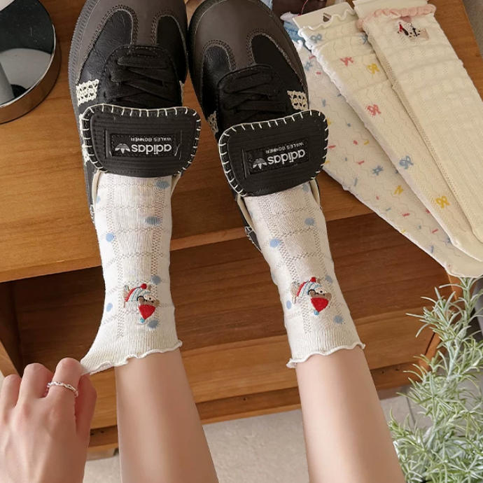 Lettuce Trim Pointelle Mesh Dog Embroidery Crew Socks