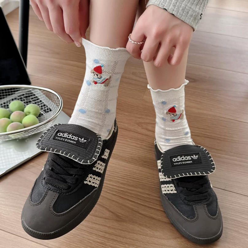 Lettuce Trim Pointelle Mesh Dog Embroidery Crew Socks