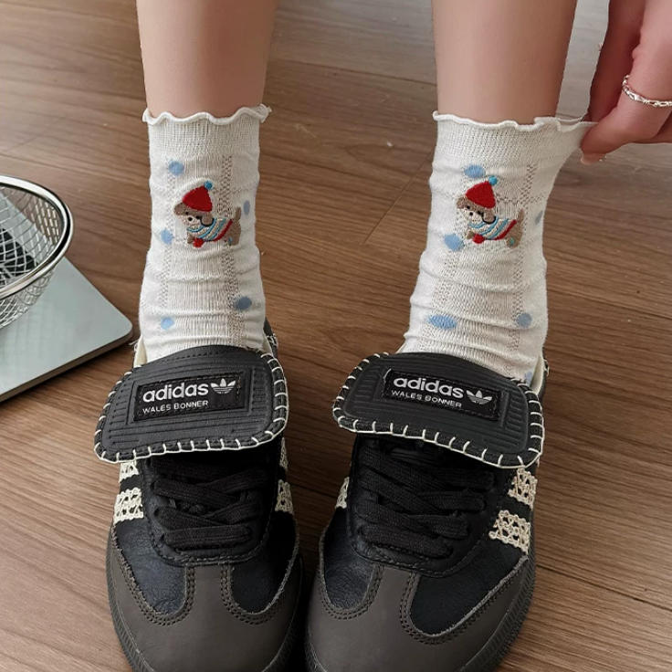 Lettuce Trim Pointelle Mesh Dog Embroidery Crew Socks