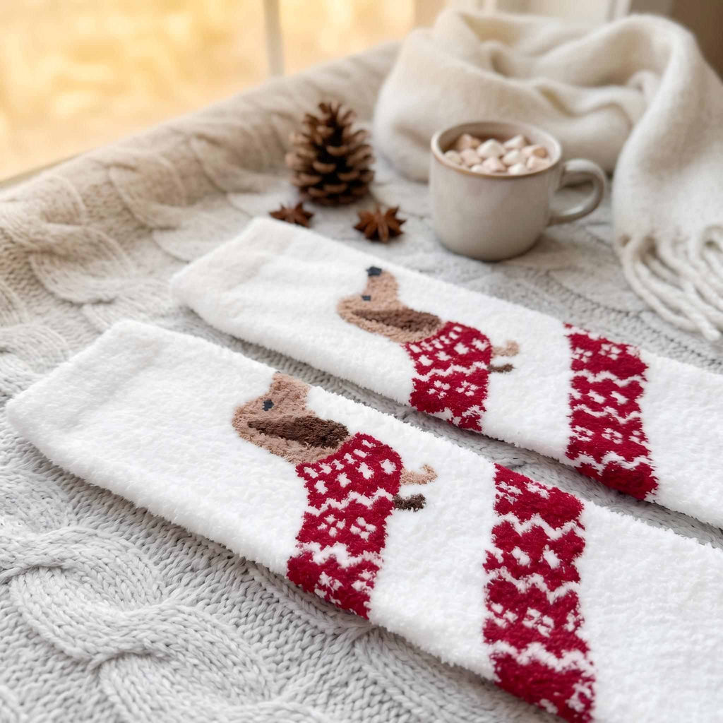 Fuzzy Sweater Dachshund Coral Fleece Socks