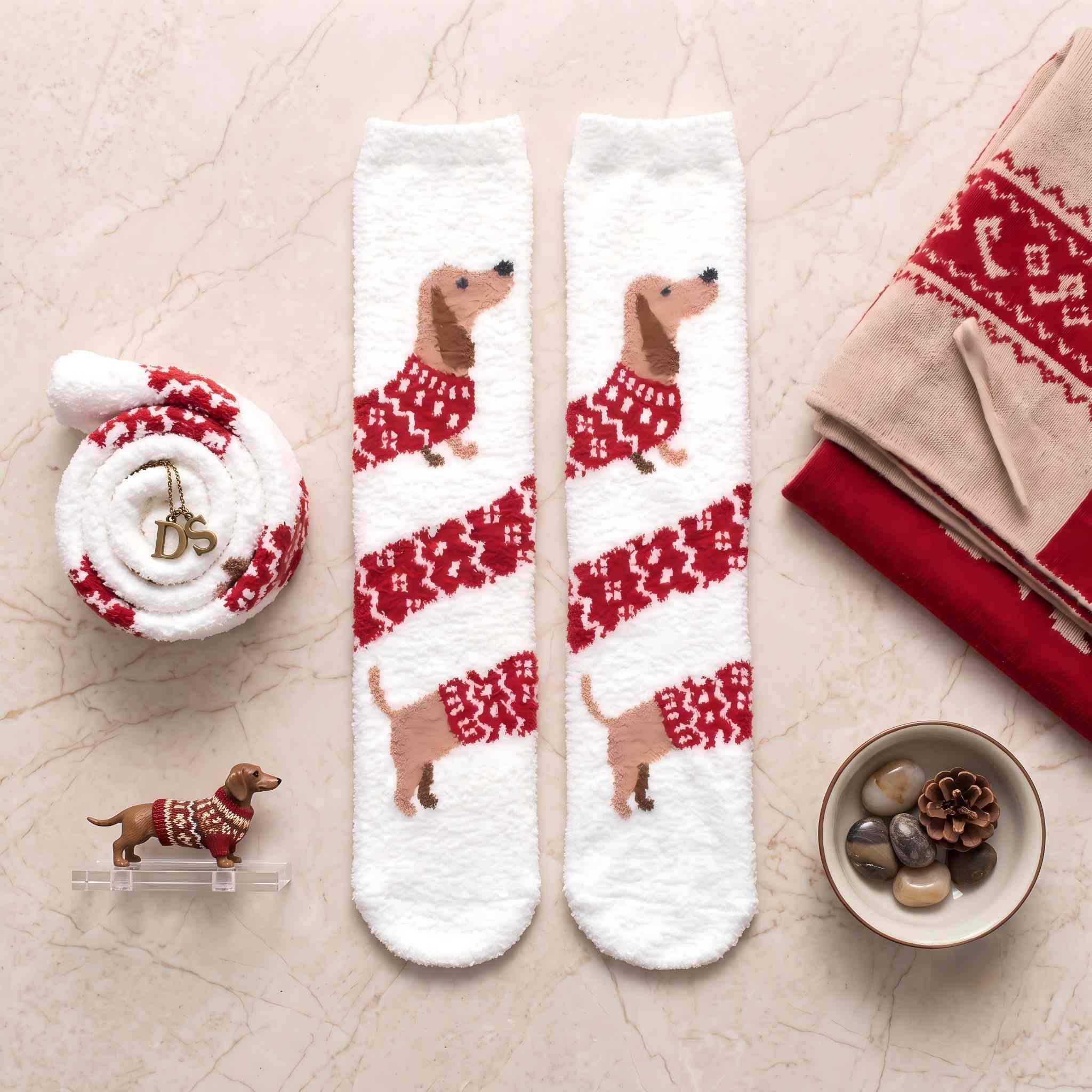 Fuzzy Sweater Dachshund Coral Fleece Socks
