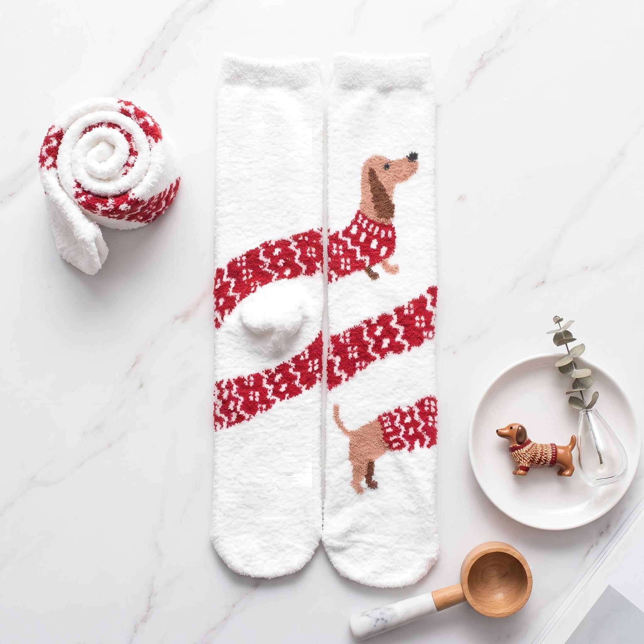 Fuzzy Sweater Dachshund Coral Fleece Socks