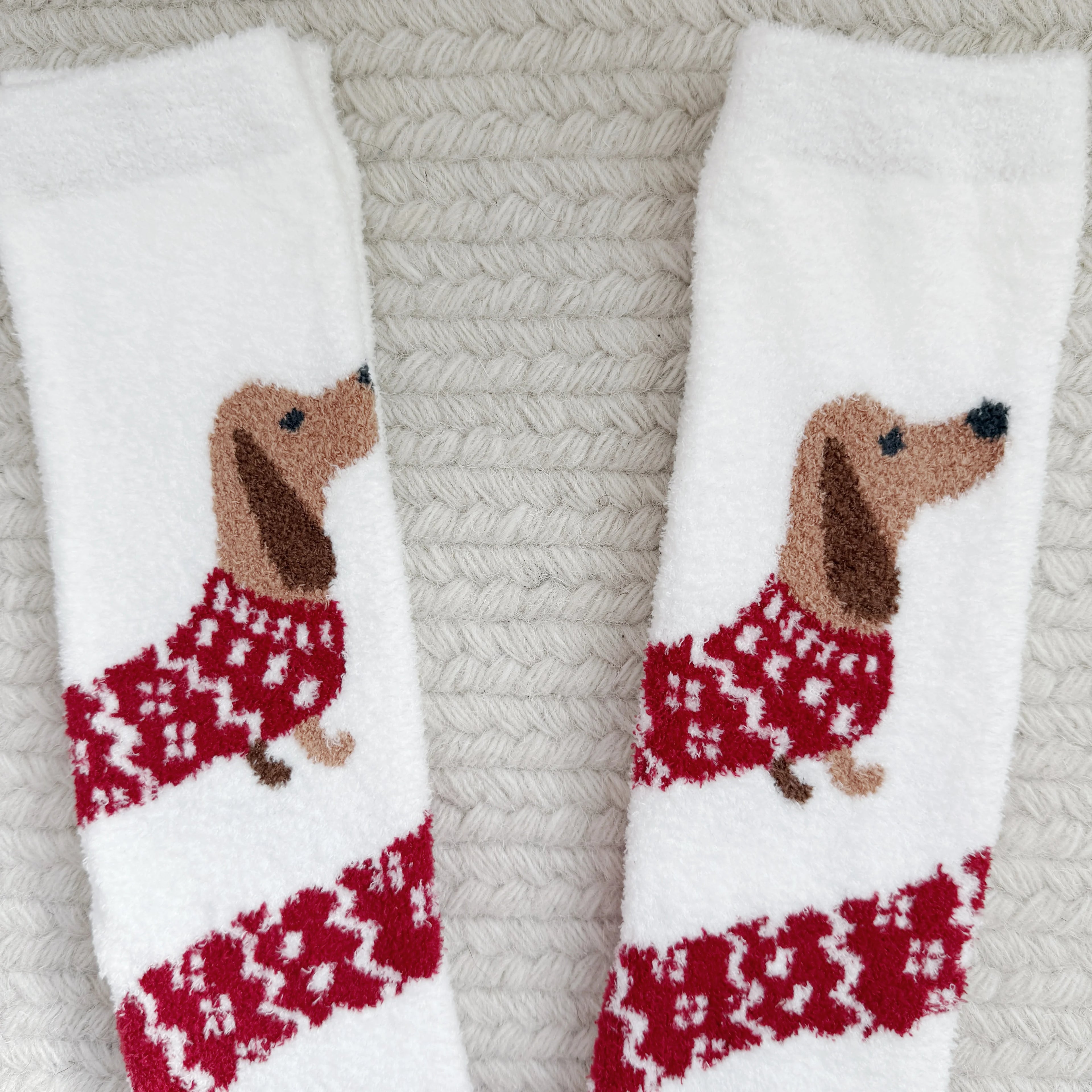Fuzzy Sweater Dachshund Coral Fleece Socks