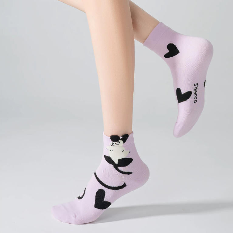 Kawaii 3D Popping Ears Animal Cotton Short Crew Socks (Set of 5)