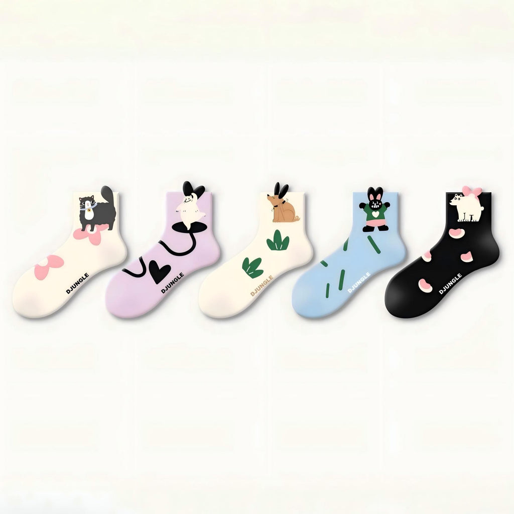 Kawaii 3D Popping Ears Animal Cotton Short Crew Socks (Set of 5)