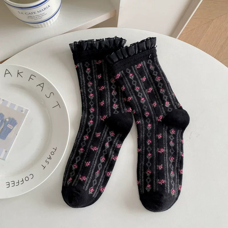 Vintage Floral Organza Frill Crew Socks (Set of 5)