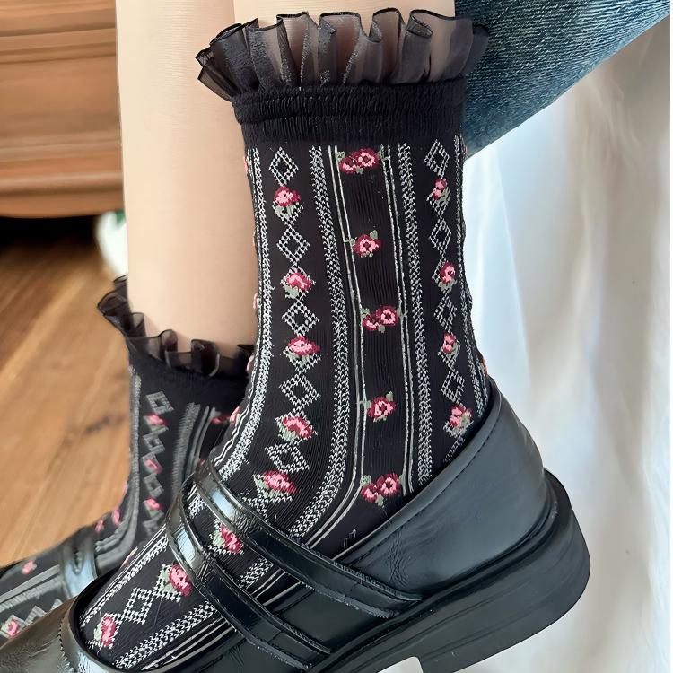 Vintage Floral Organza Frill Crew Socks (Set of 5)