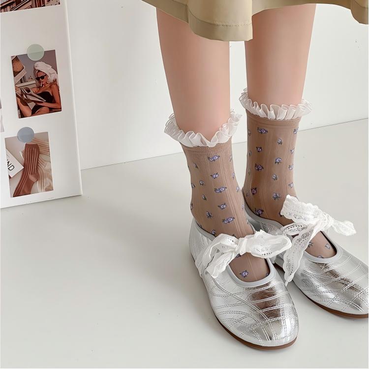 Vintage Floral Organza Frill Crew Socks (Set of 5)