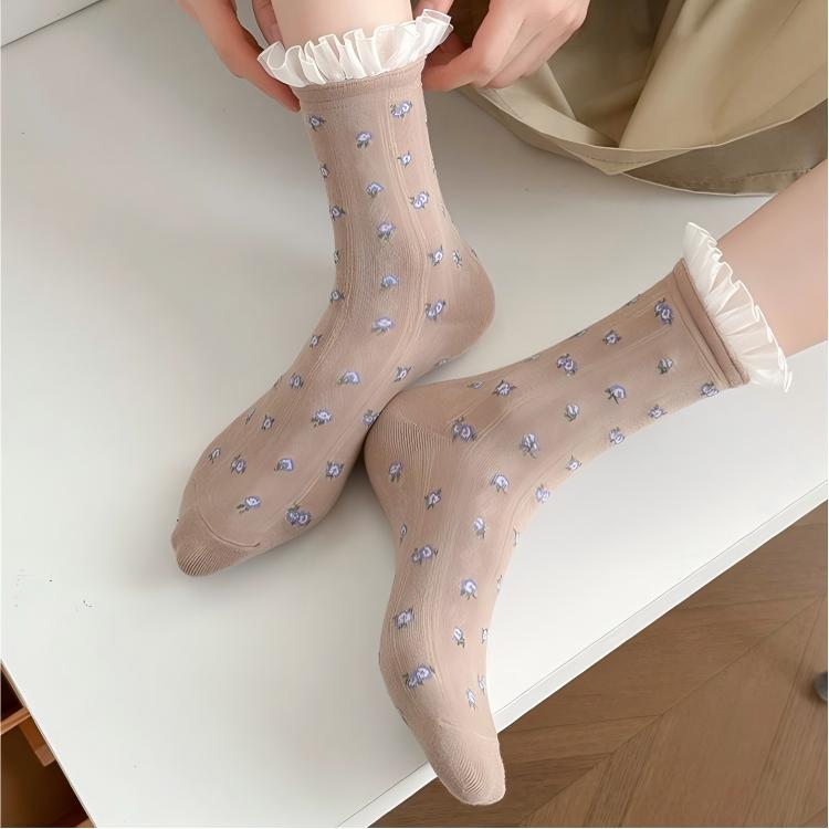 Vintage Floral Organza Frill Crew Socks (Set of 5)
