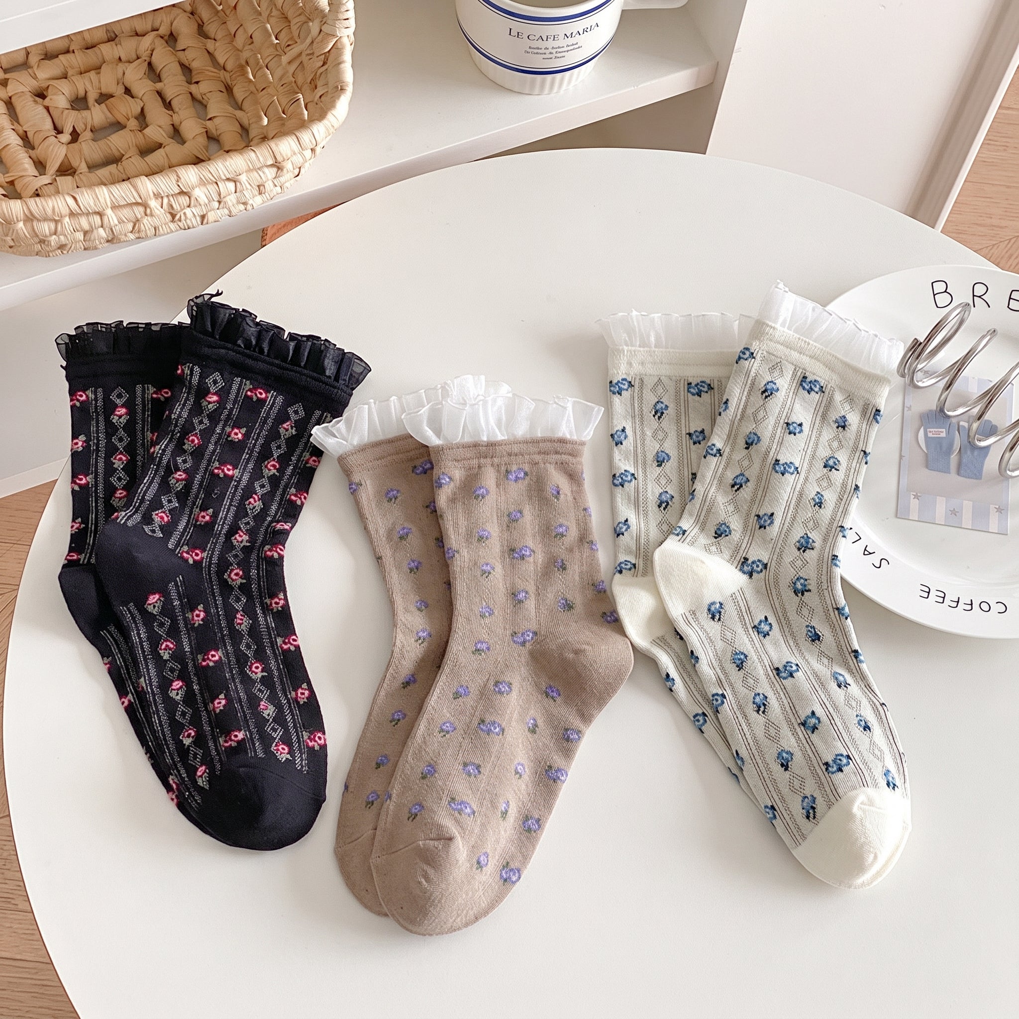 Vintage Floral Organza Frill Crew Socks (Set of 5)