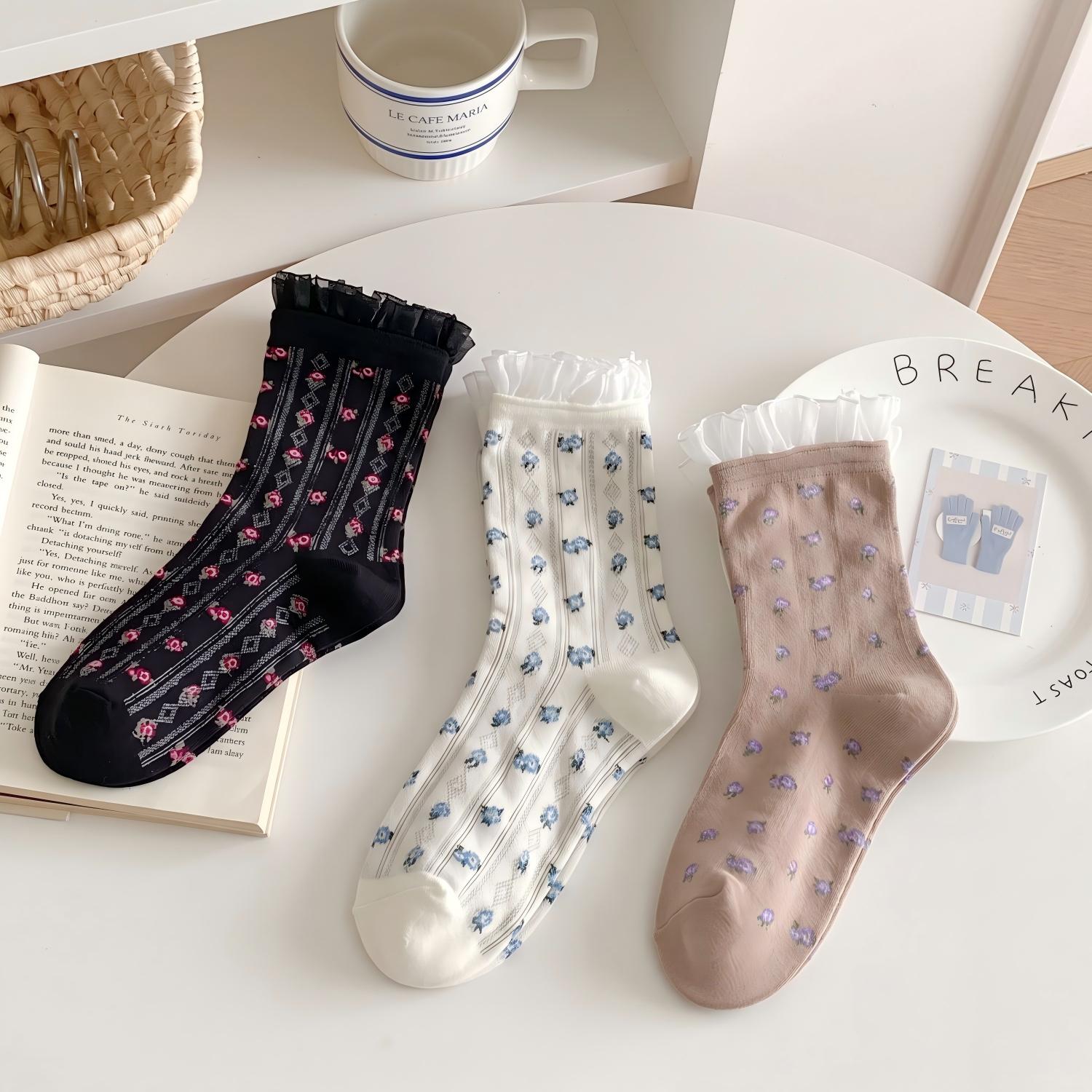 Vintage Floral Organza Frill Crew Socks (Set of 5)