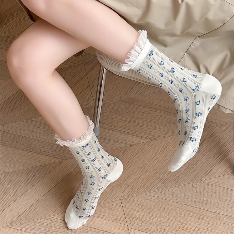 Vintage Floral Organza Frill Crew Socks (Set of 5)