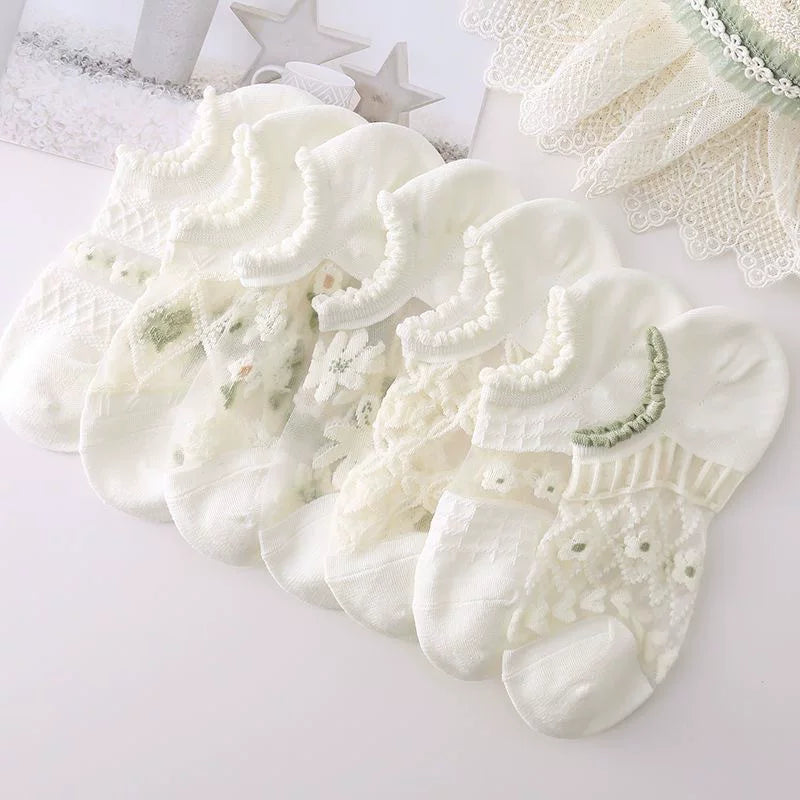 Japanese Sweet Crystal Silk No-Show Socks - 8-Pair Lace Ruffle Gift Set