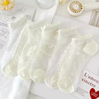 Japanese Sweet Crystal Silk Boat Socks Pack - 5-Pair Milky White Floral Gift Set
