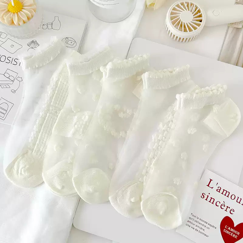 Japanese Sweet Crystal Silk Boat Socks Pack - 5-Pair Milky White Floral Gift Set