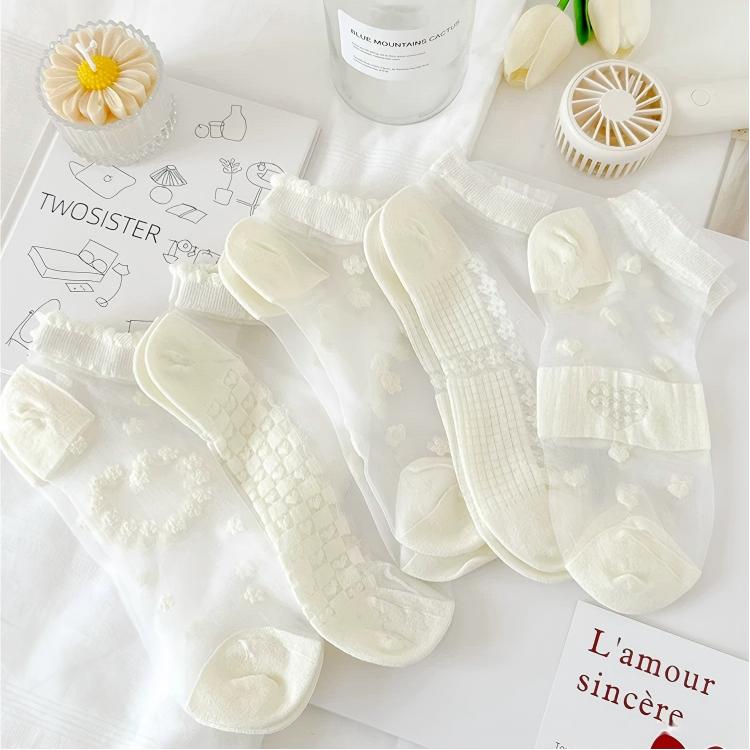 Japanese Sweet Crystal Silk Boat Socks Pack - 5-Pair Milky White Floral Gift Set