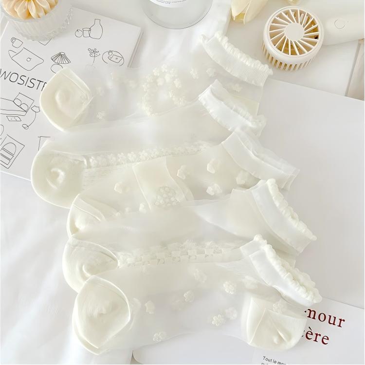 Japanese Sweet Crystal Silk Boat Socks Pack - 5-Pair Milky White Floral Gift Set