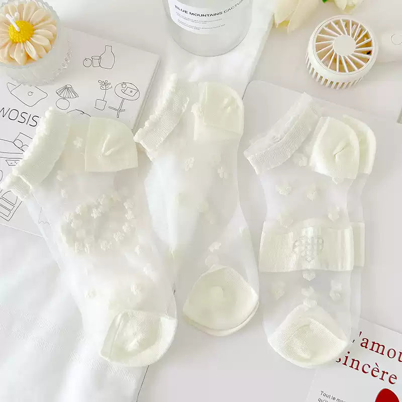 Japanese Sweet Crystal Silk Boat Socks Pack - 5-Pair Milky White Floral Gift Set