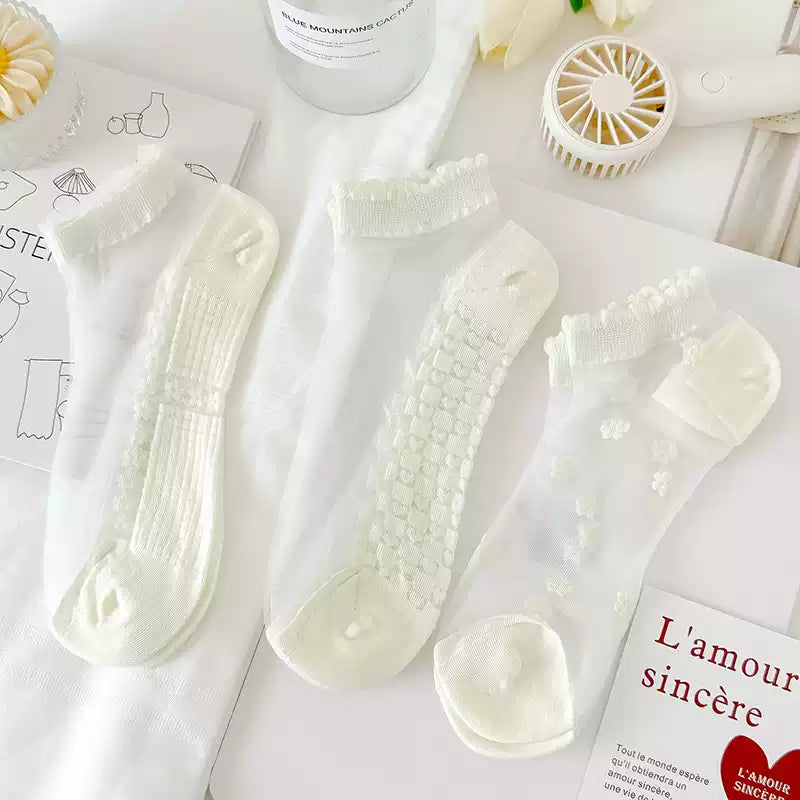 Japanese Sweet Crystal Silk Boat Socks Pack - 5-Pair Milky White Floral Gift Set