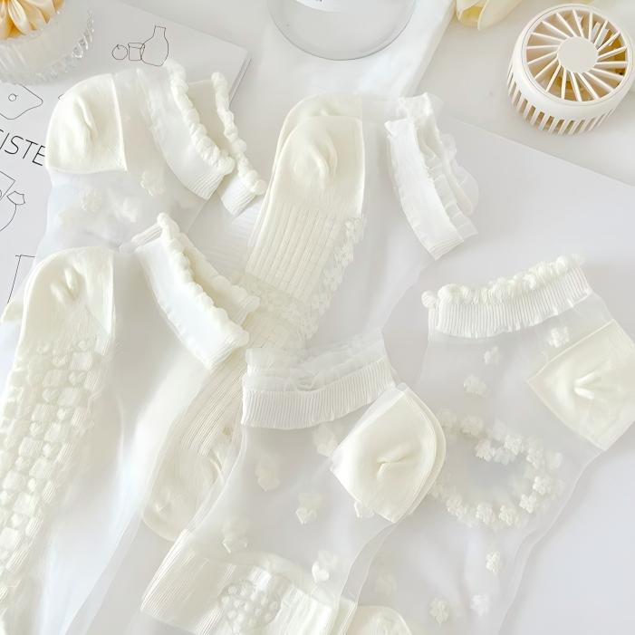 Japanese Sweet Crystal Silk Boat Socks Pack - 5-Pair Milky White Floral Gift Set