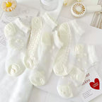 Japanese Sweet Crystal Silk Boat Socks Pack - 5-Pair Milky White Floral Gift Set