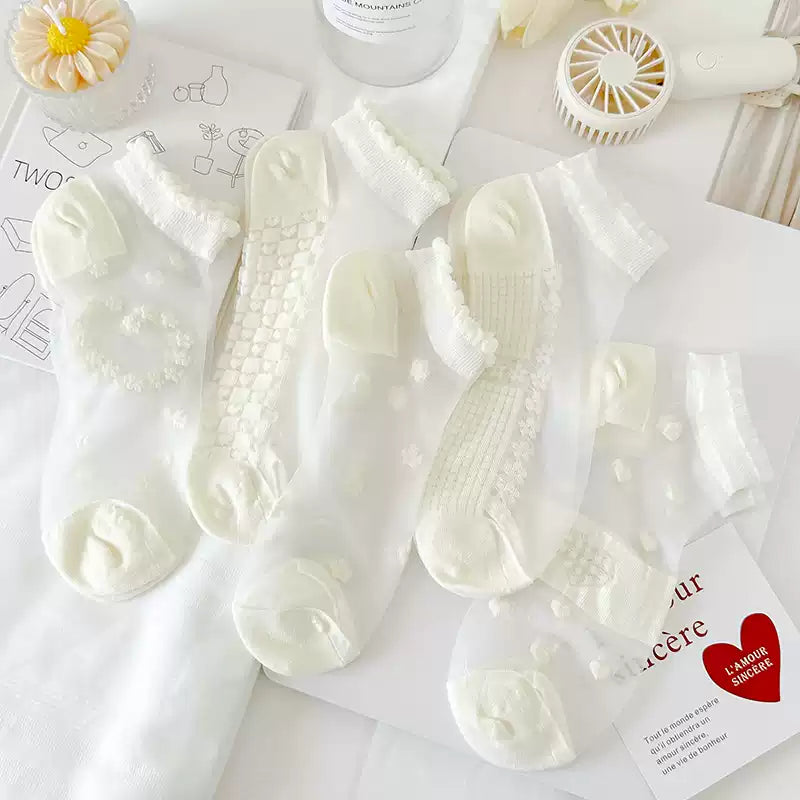 Japanese Sweet Crystal Silk Boat Socks Pack - 5-Pair Milky White Floral Gift Set
