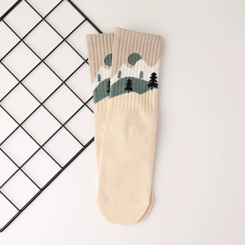 Nordic Mountain Landscape Combed Cotton Crew Socks
