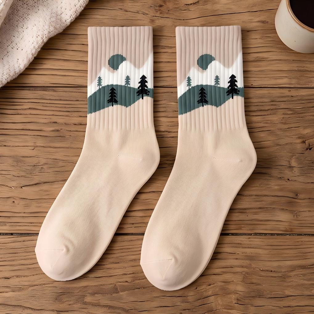 Nordic Mountain Landscape Combed Cotton Crew Socks