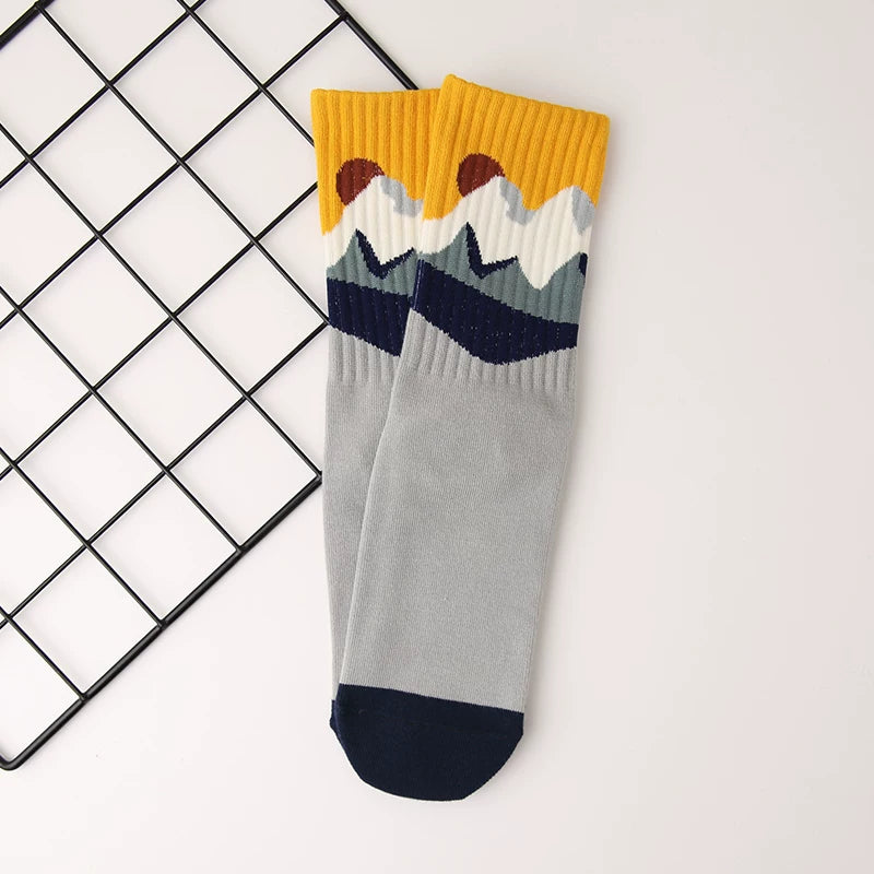 Nordic Mountain Landscape Combed Cotton Crew Socks