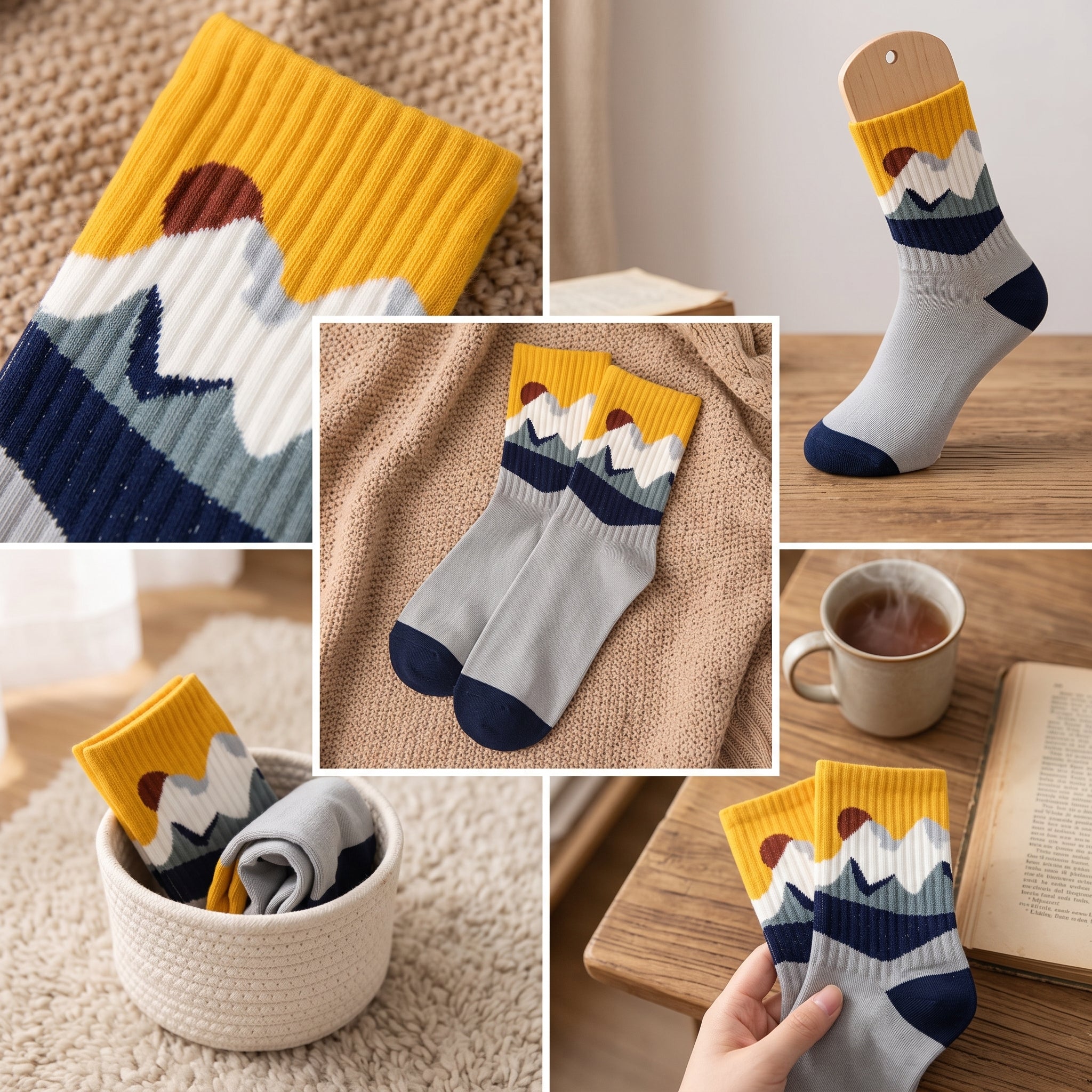 Nordic Mountain Landscape Combed Cotton Crew Socks