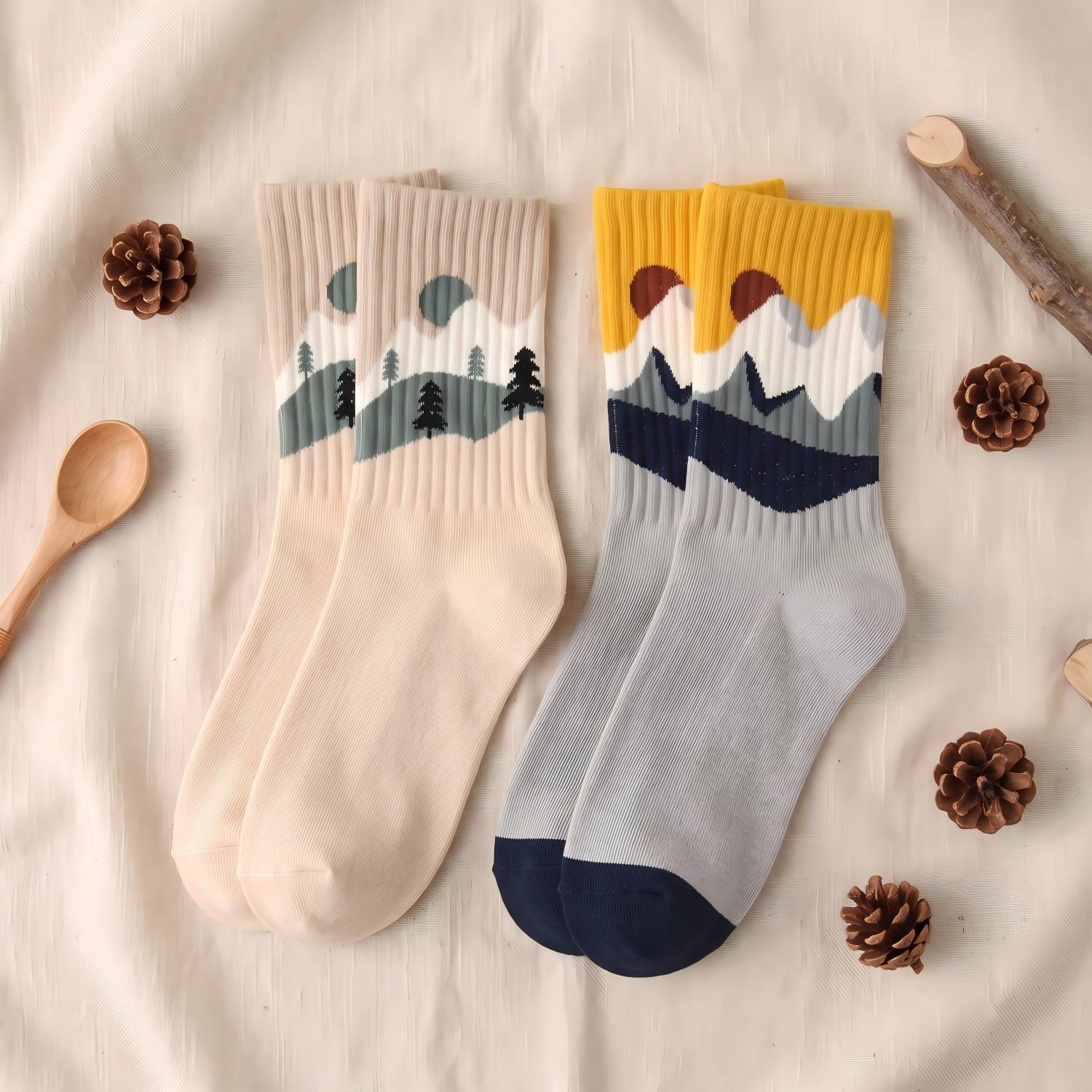 Nordic Mountain Landscape Combed Cotton Crew Socks