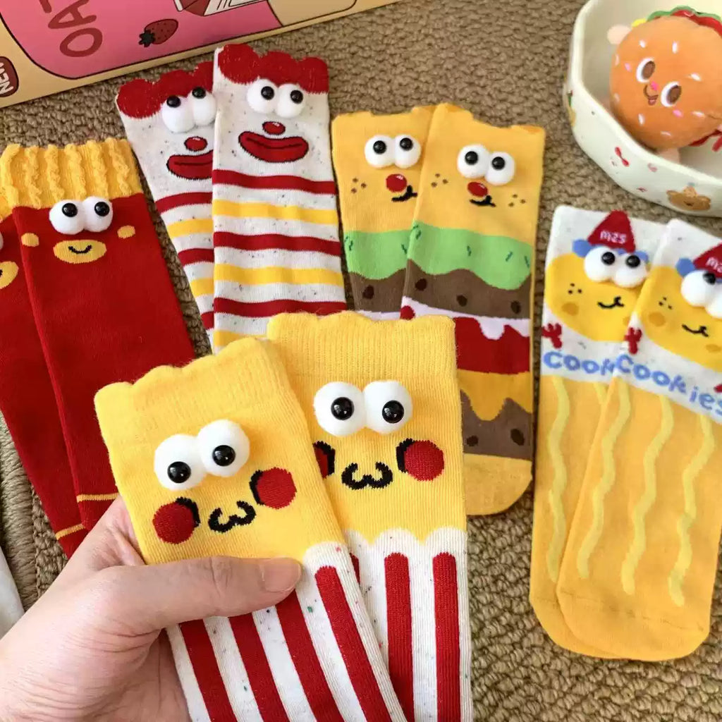 Kawaii 3D Googly Eyes Fast Food Crew Socks (Set of 5)