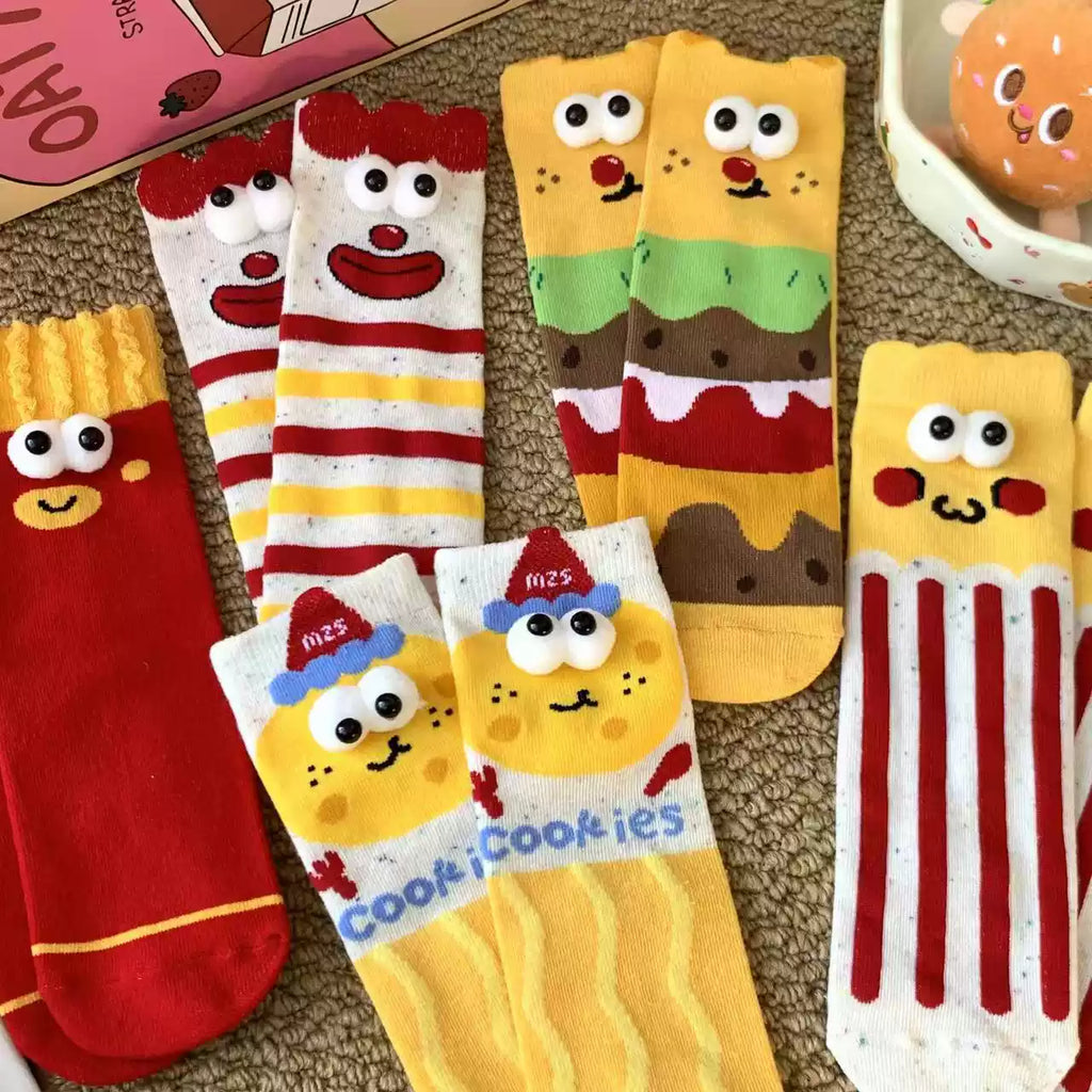 Kawaii 3D Googly Eyes Fast Food Crew Socks (Set of 5)
