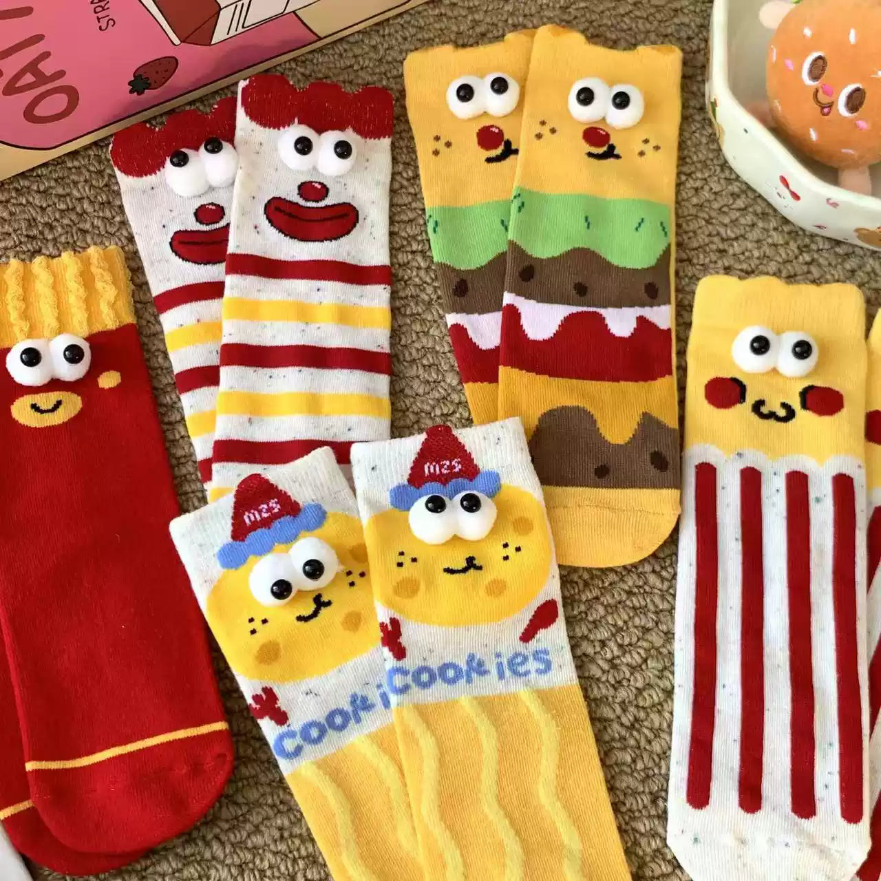 Kawaii 3D Googly Eyes Fast Food Crew Socks (Set of 5)