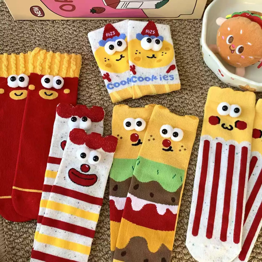 Kawaii 3D Googly Eyes Fast Food Crew Socks (Set of 5)