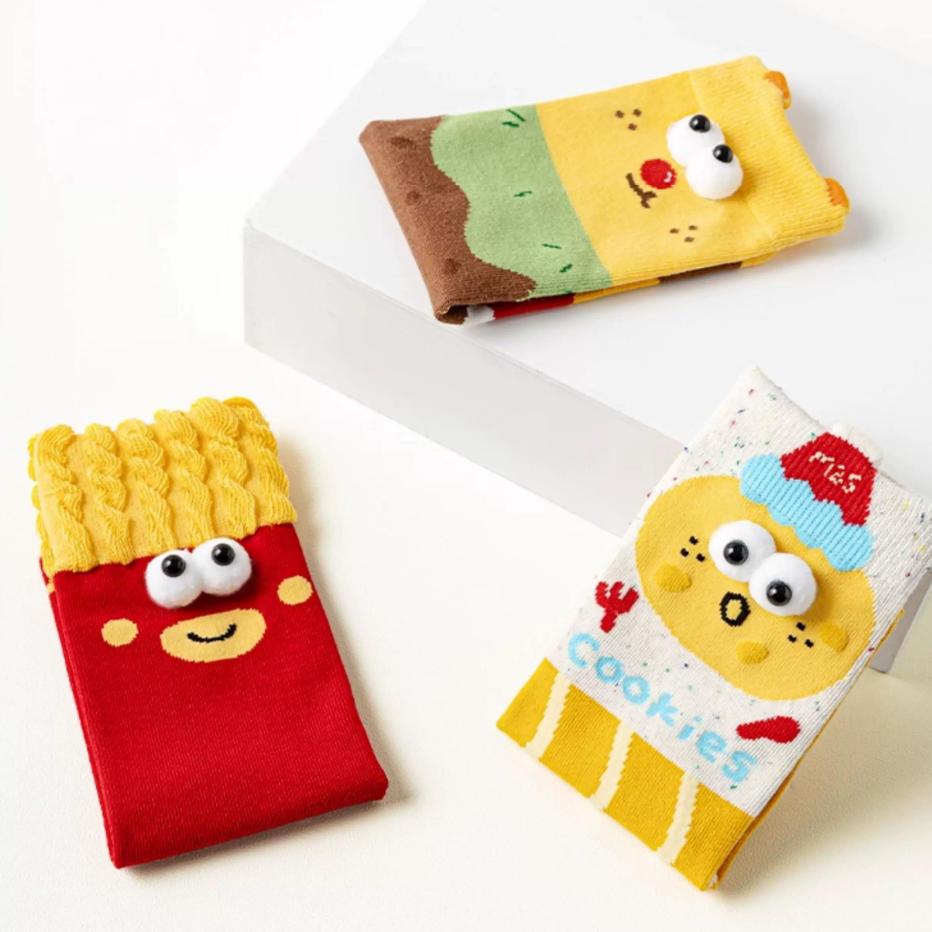 Kawaii 3D Googly Eyes Fast Food Crew Socks (Set of 5)