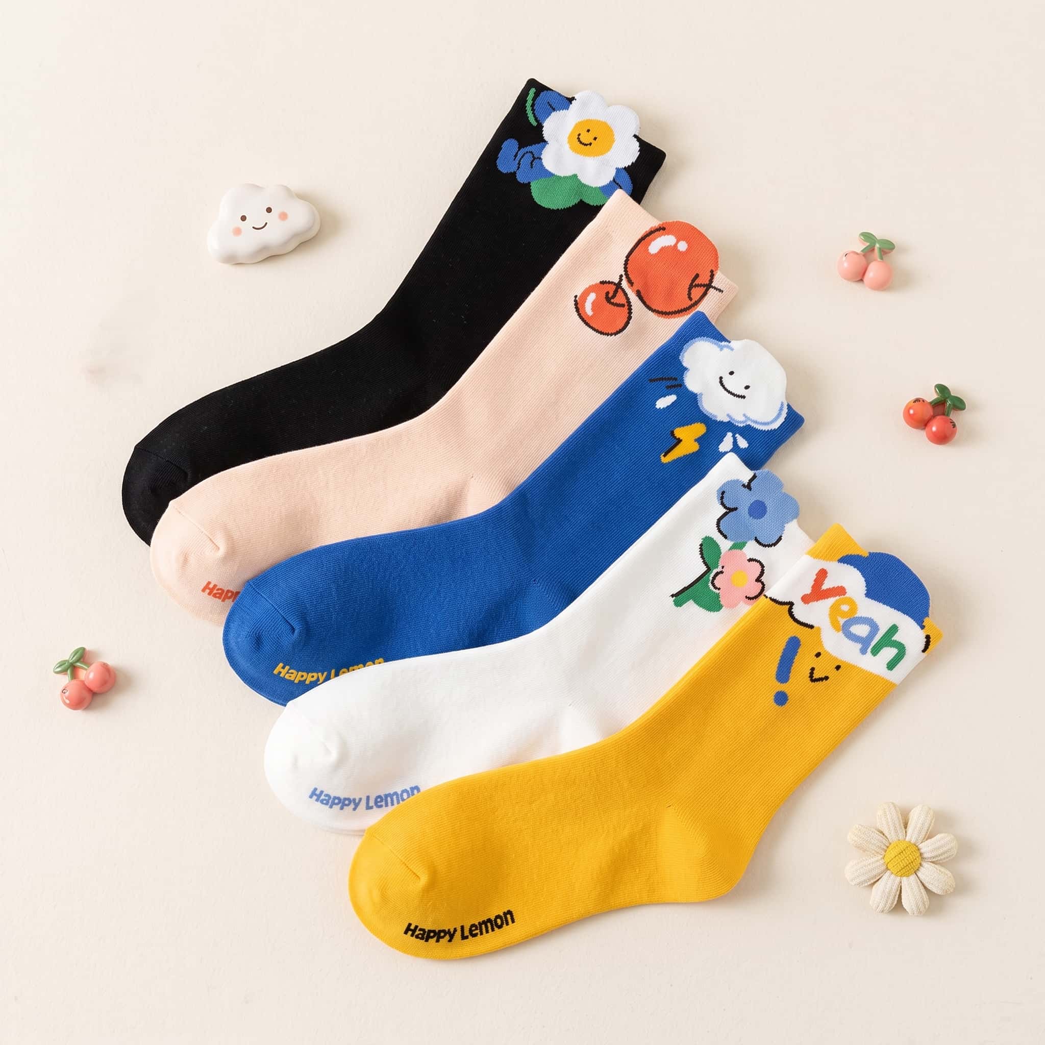 Kawaii Cheerful Mood & Fruit Cotton Crew Socks (Set of 5)