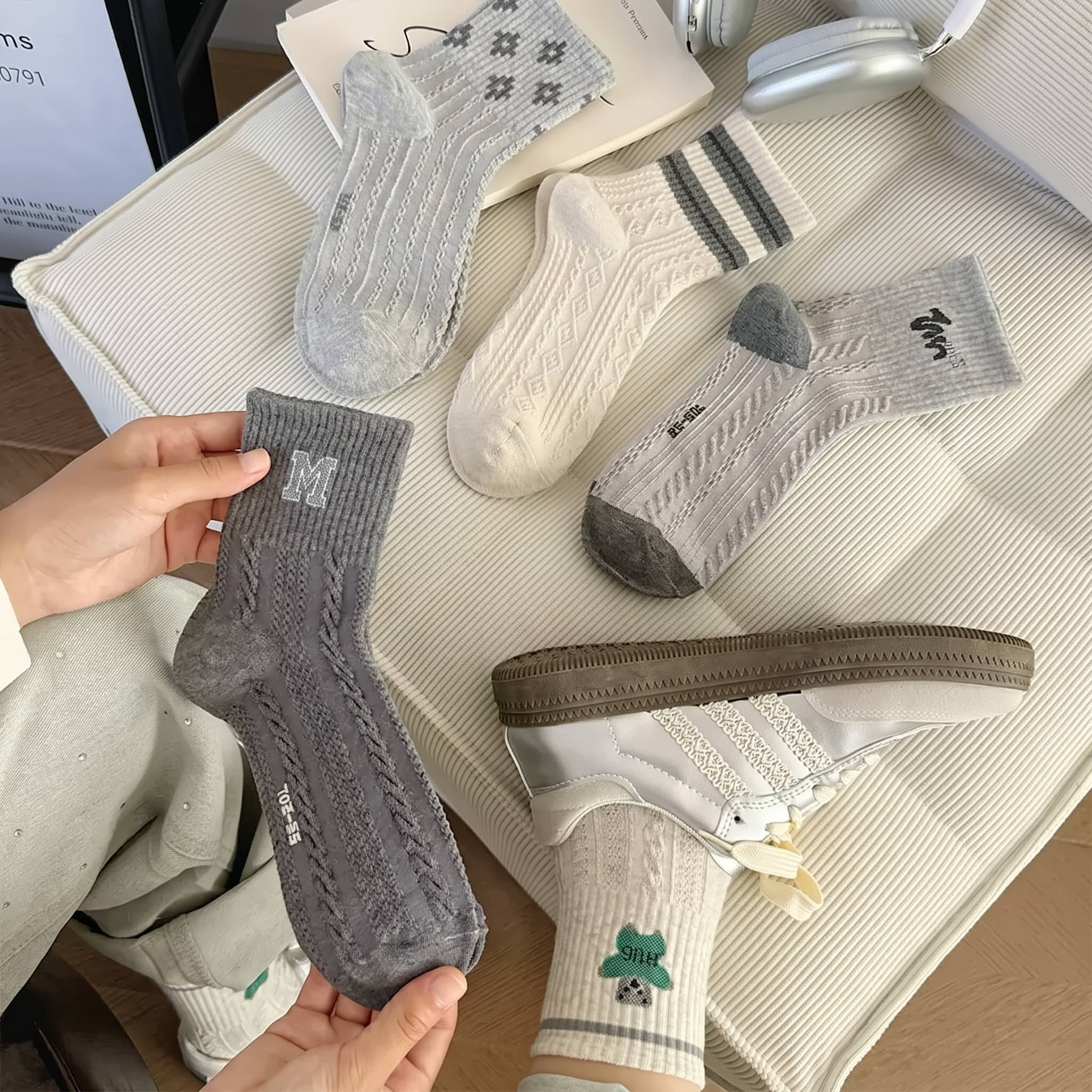 Retro Preppy Cable Knit Cotton Crew Socks (Set of 5)